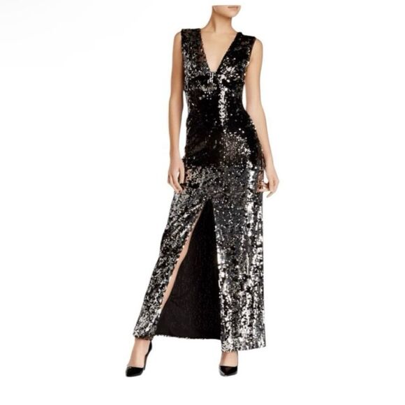 NWT Rachel‎ Zoe black and silver sequin maxi dress size 8 with front slit - Picture 2 of 15